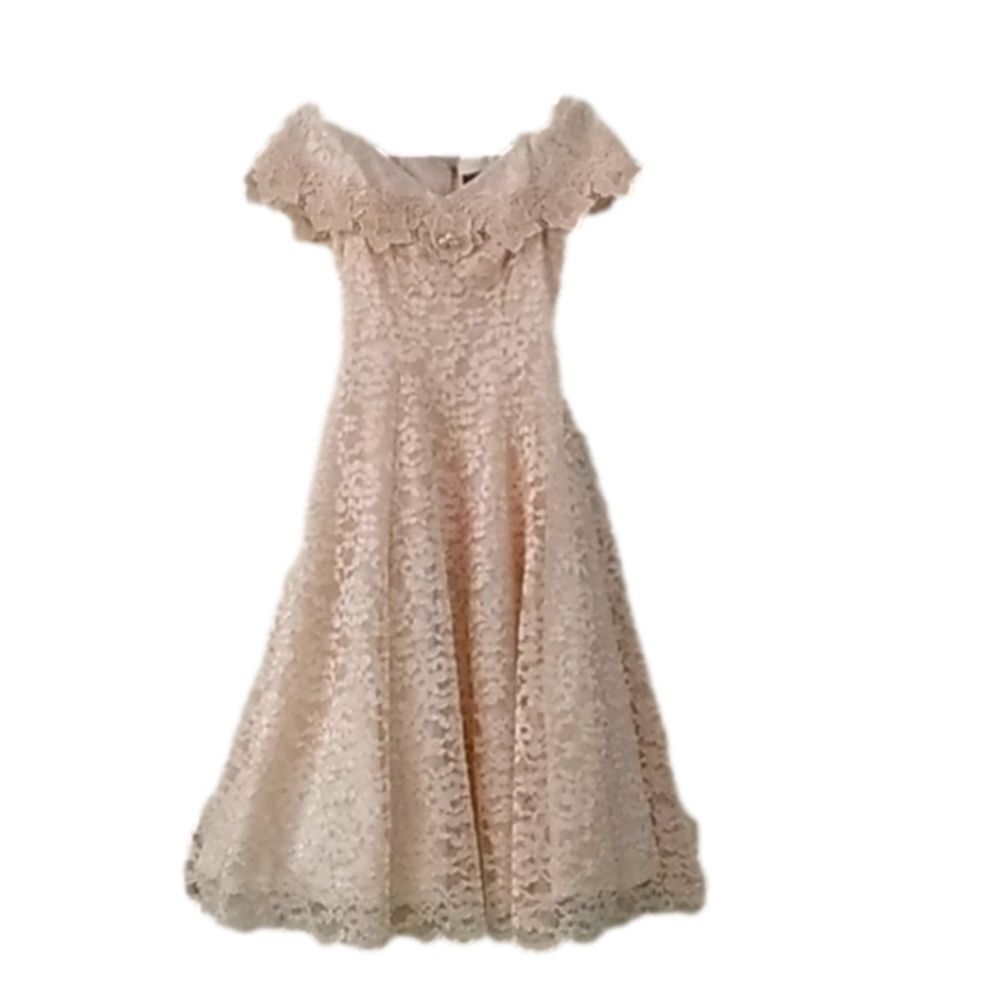 VINTAGE 90s Cachet Peach Lace Off Shoulder Formal Prom Dress 6